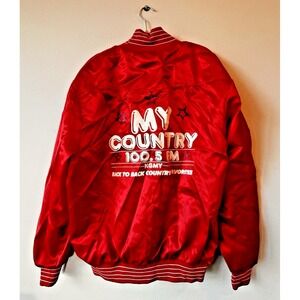 Vintage RED Satin Snap Bomber Jacket West Ark MY COUNTRY 100.5 KGMY Mens 2XL B16